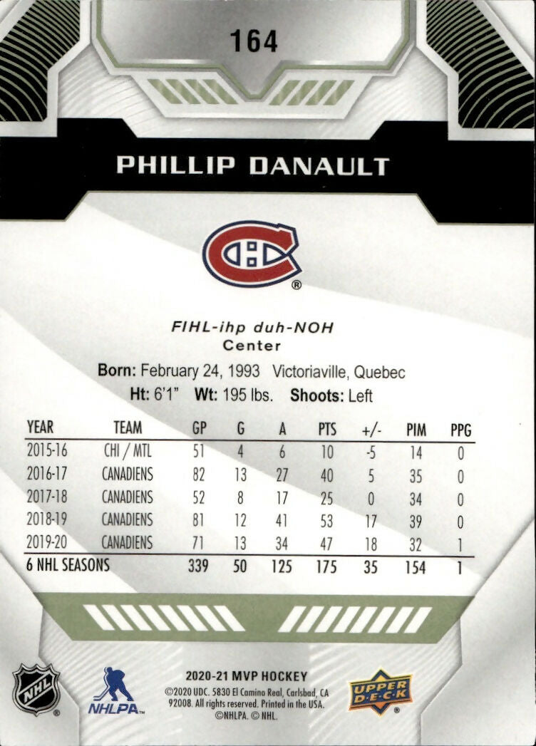 2020-21 Upper Deck MVP Hockey - Base #164 Phillip Danault - Montreal Canadiens