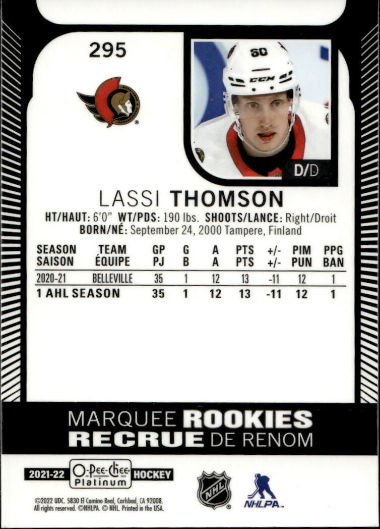 2021-22 Upper Deck O-Pee-Chee Hockey - Base - Marquee Rookie #296 Lassi Thomson - Ottawa Senators - B