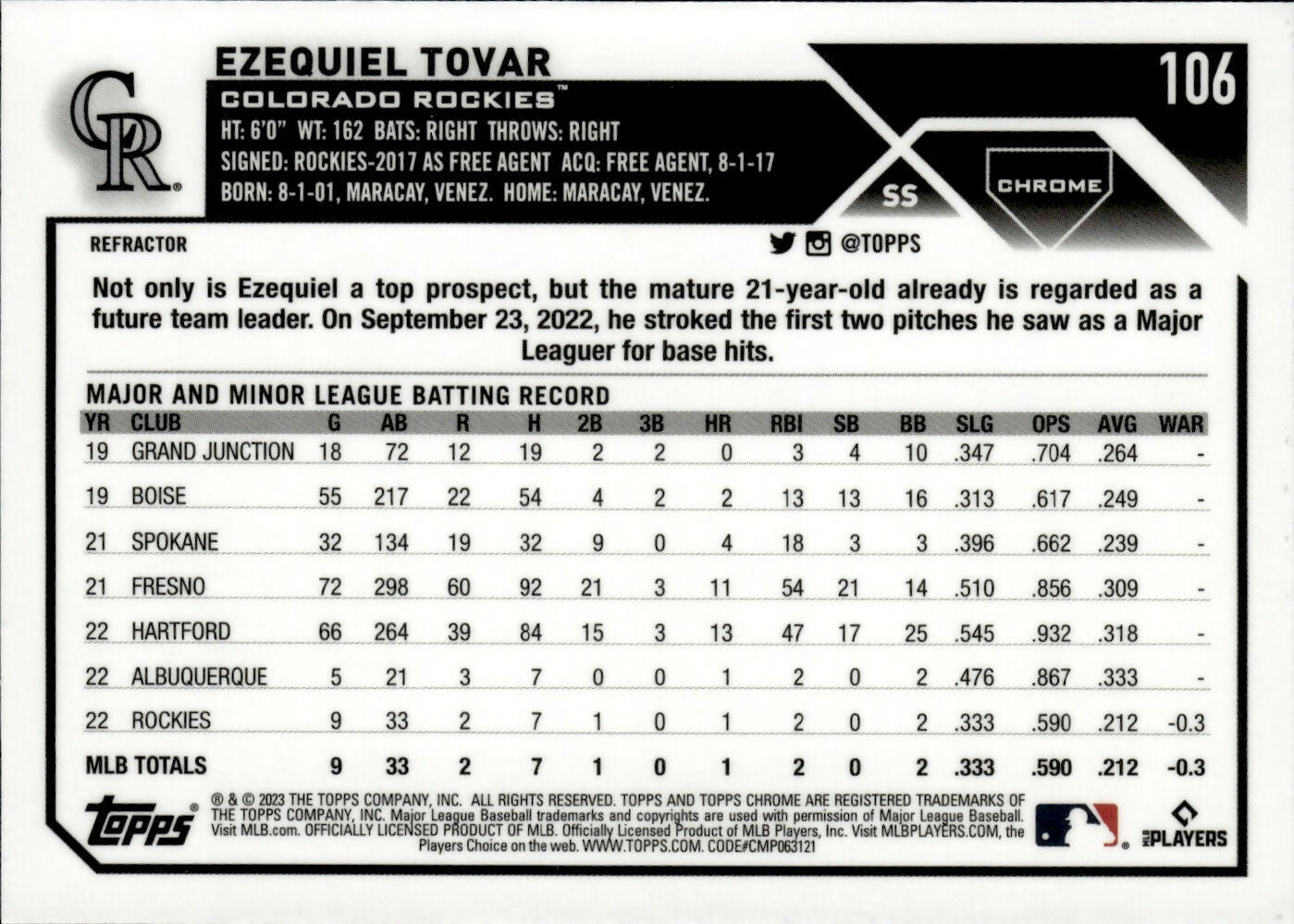 2023 Topps Chrome Baseball - [Base] #106 Ezequiel Tover - Colorado Rockies - B