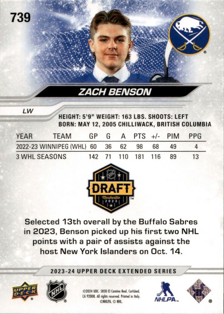 2023-24 Upper Deck Extended Series - Base - 1st Round Rookies #739 Zach Benson - Buffalo Sabres - B