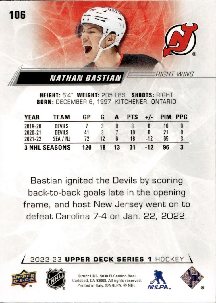2022-23 Upper Deck Series 1 Hockey - Base #106 Nathan Bastian - New Jersey Devils - B