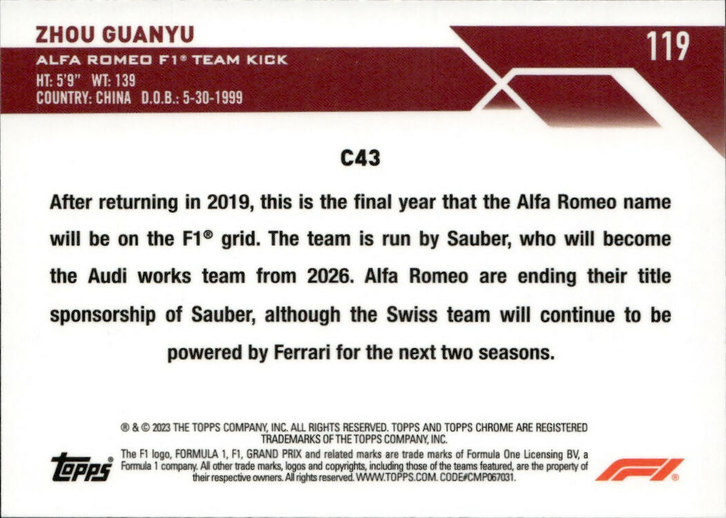 2023 Topps Chrome Formula 1 Base #119 - F1 Cars Zhou Guanyu - Alfa Romeo F1 Team Kick - B