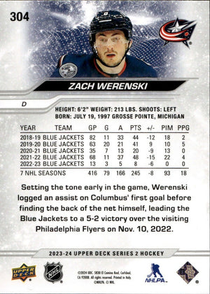 2023-24 Upper Deck Series 2 Hockey - Base #304 Zach Werenski - Columbus Blue Jackets - B