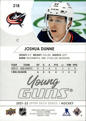 2021-22 Upper Deck Series 1 - Base - Young Guns #218 Joshua Dunne - Columbus Blue Jackets - B