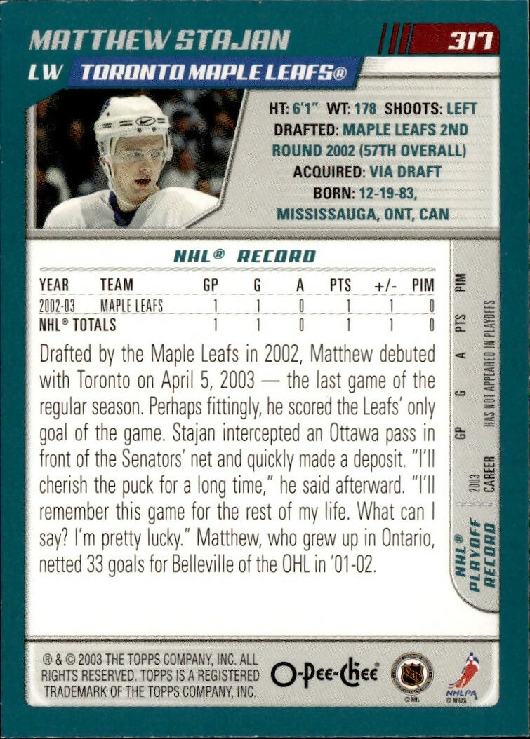 2003-04 O-Pee-Chee - Base #317 Mathew Stajan - Toronto Maple Leafs - B