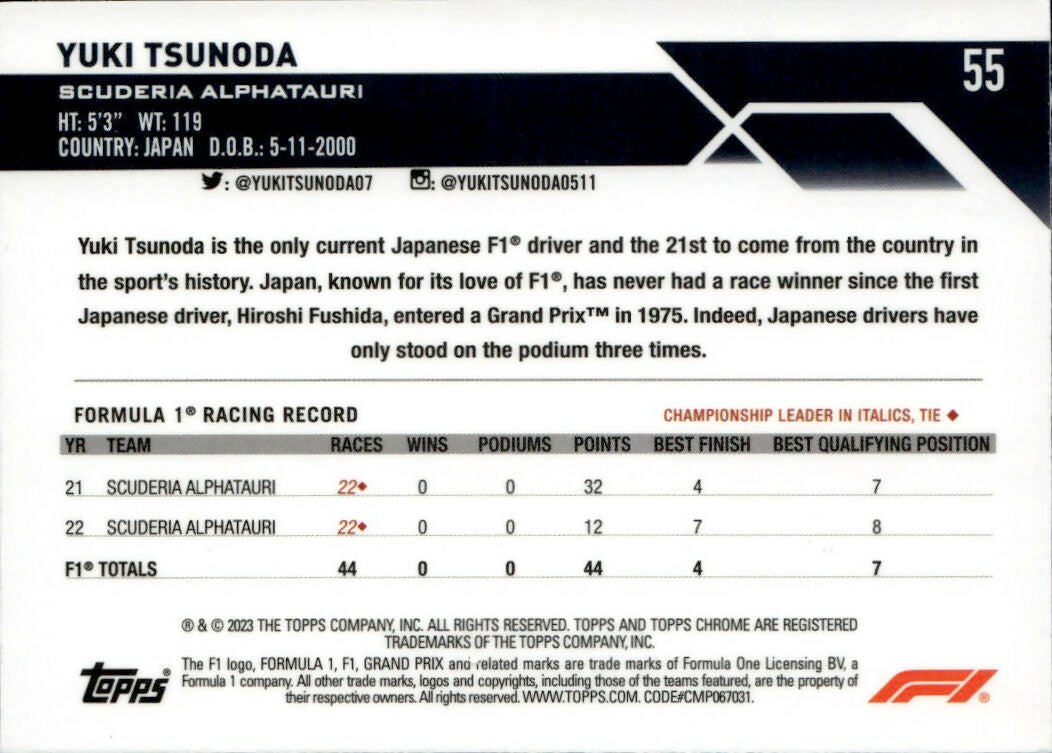 2023 Topps Chrome Formula 1 Base #55 - F1 Drivers - Refractor - Purple :399 Yuki Tsunoda - Scuderia Alphatauri - B