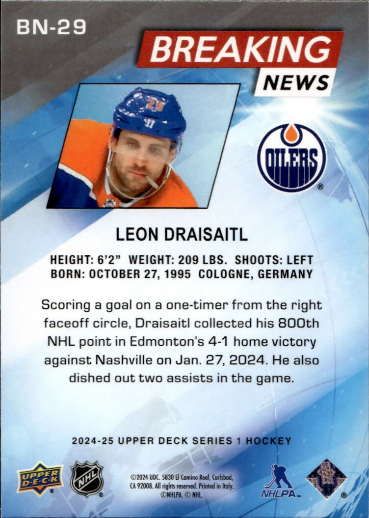 2024-25 Upper Deck Series 1 Hockey - Breaking News #BN-29 Leon Draisaitl - Edmonton Oilers - B
