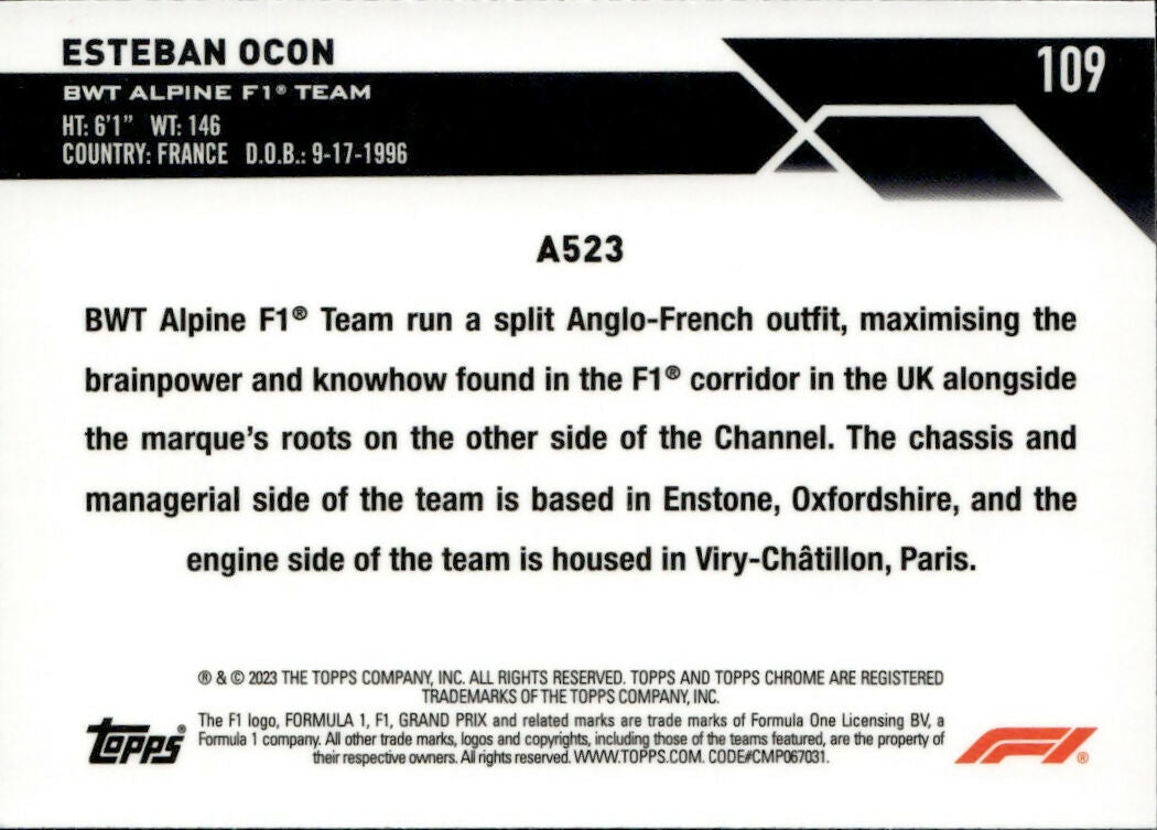 2023 Topps Chrome Formula 1 Base #109 - F1 Cars Esteban Ocon - BWT Alpine F1 Team - B