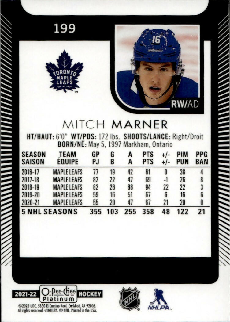 2021-22 Upper Deck O-Pee Chee Platinum Hockey - Base #199 Mitch Marner - Toronto Maple Leafs