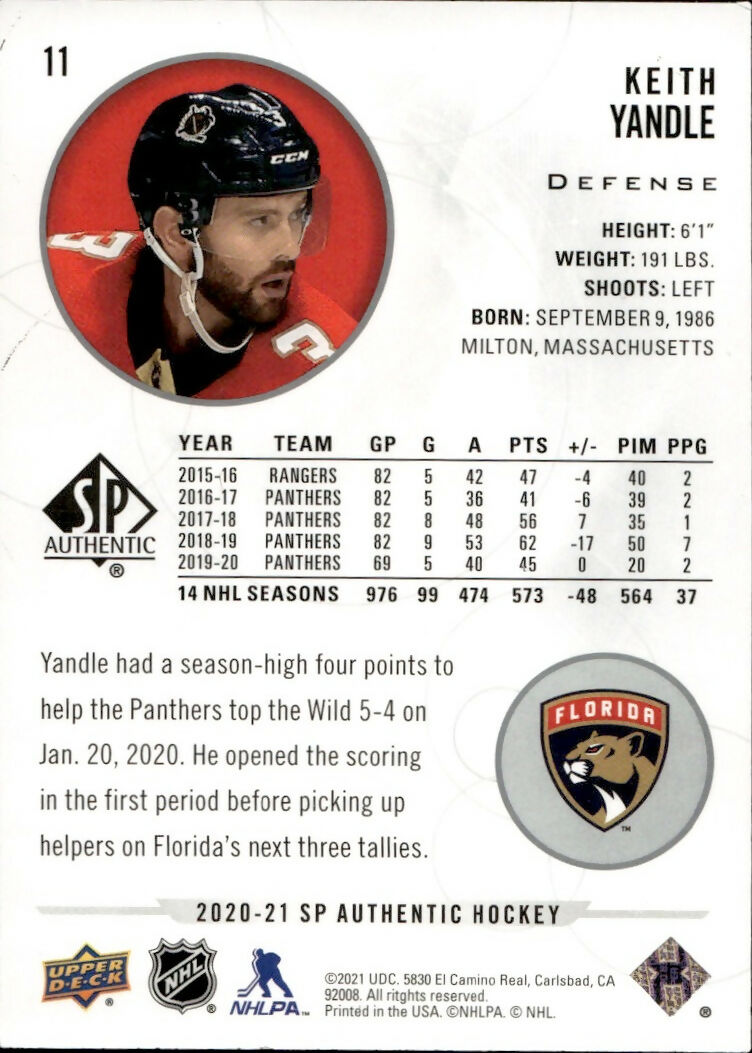 2020-21 Upper Deck Sp Authentic Hockey - Base #11 Keith Yandle - Florida Panthers - B