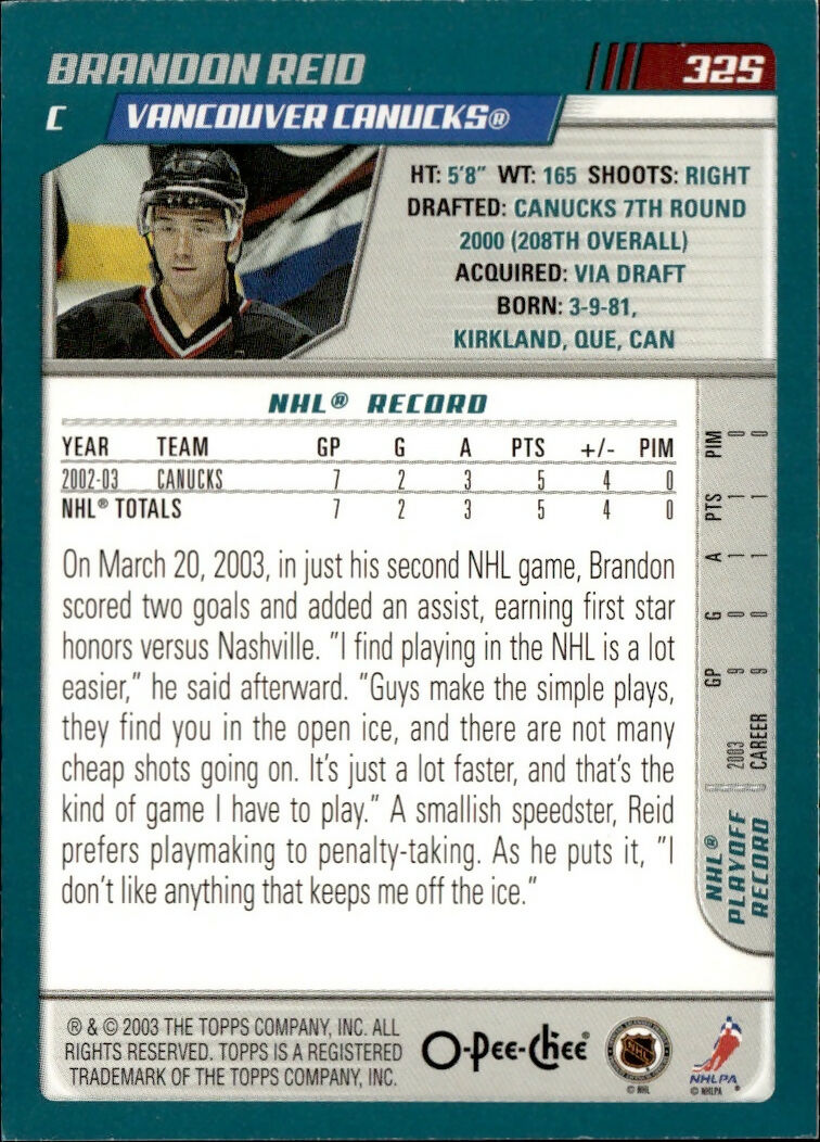 2003-04 O-Pee-Chee - Base #325 Brandon Reid - Vancouver Canucks - B