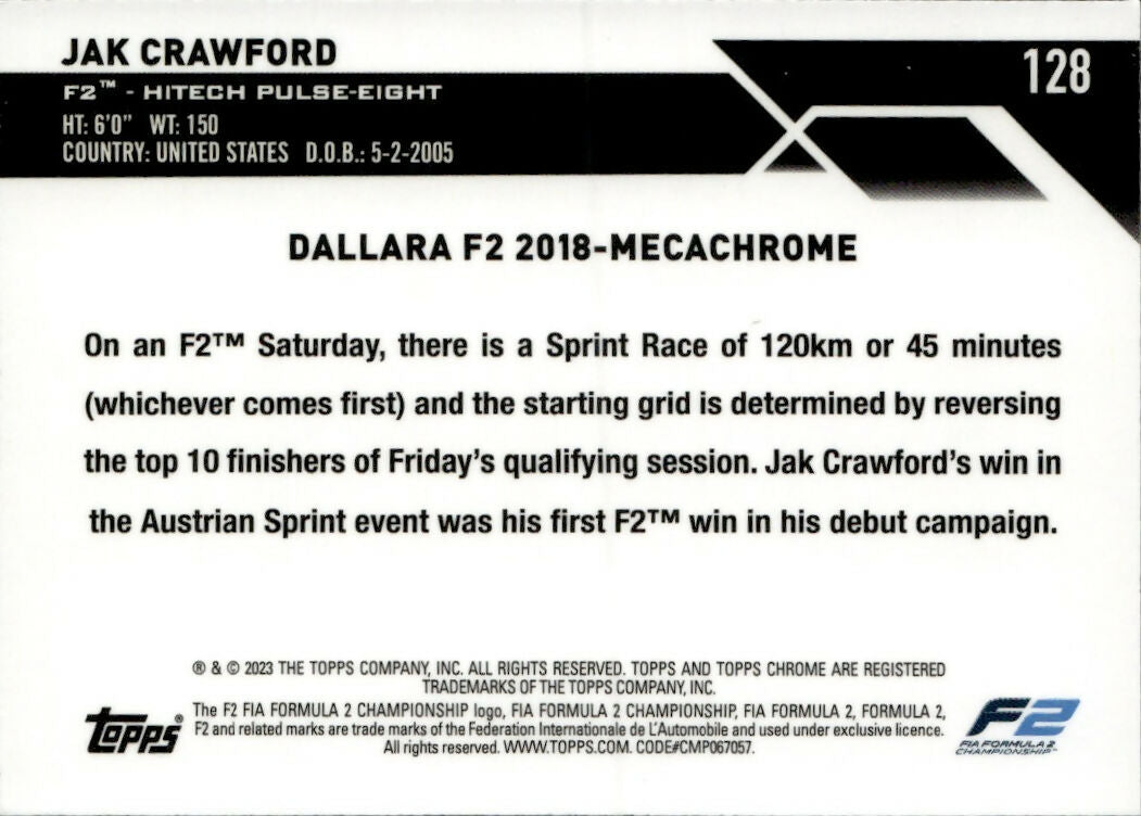 2023 Topps Chrome Formula 1 Base #128 - F2 Cars Jak Crawford - F2 Hitech Pulse-Eight - B