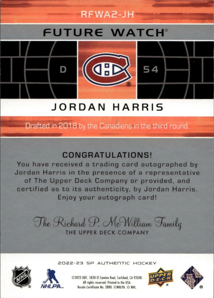 2022-23 SP Authentic - 2002-03 Retro Autographed Future Watch #RFWA2-JH Jordan Harris - Montreal Canadiens - B