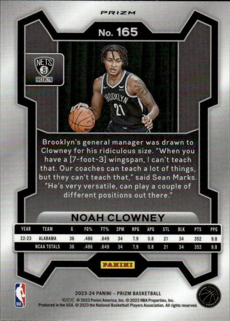 2023-24 Panini Prizm Basketball Base - Red White and Blue Prizm #165 Noah Clowney, Brooklyn Nets - B