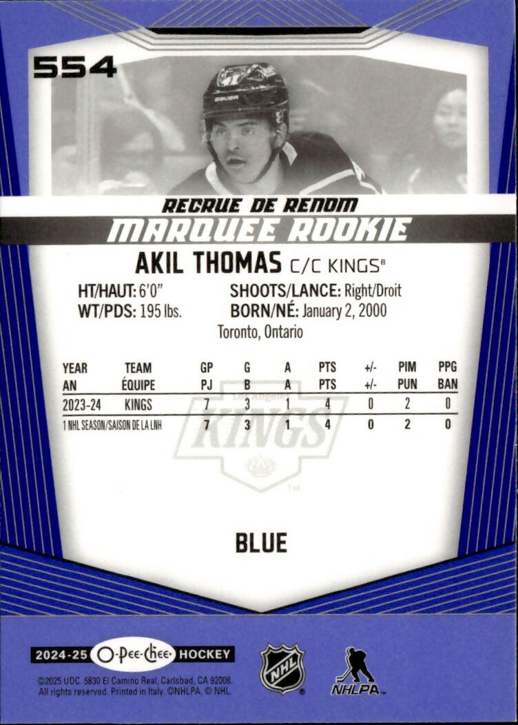 2024-25 Upper Deck O-Pee-Chee - Base - Marquee Rookie - Blue #554 Akil Thomas - Los Angeles Kings - B