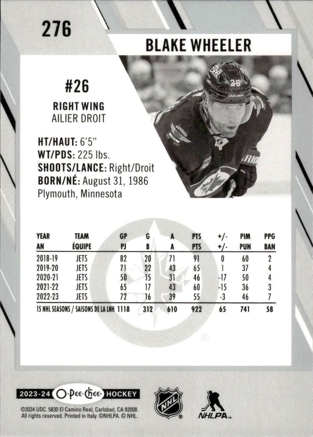 2023-24 Upper Deck O-Pee-Chee Hockey - Base #276 Blake Wheeler - Winnipeg Jets