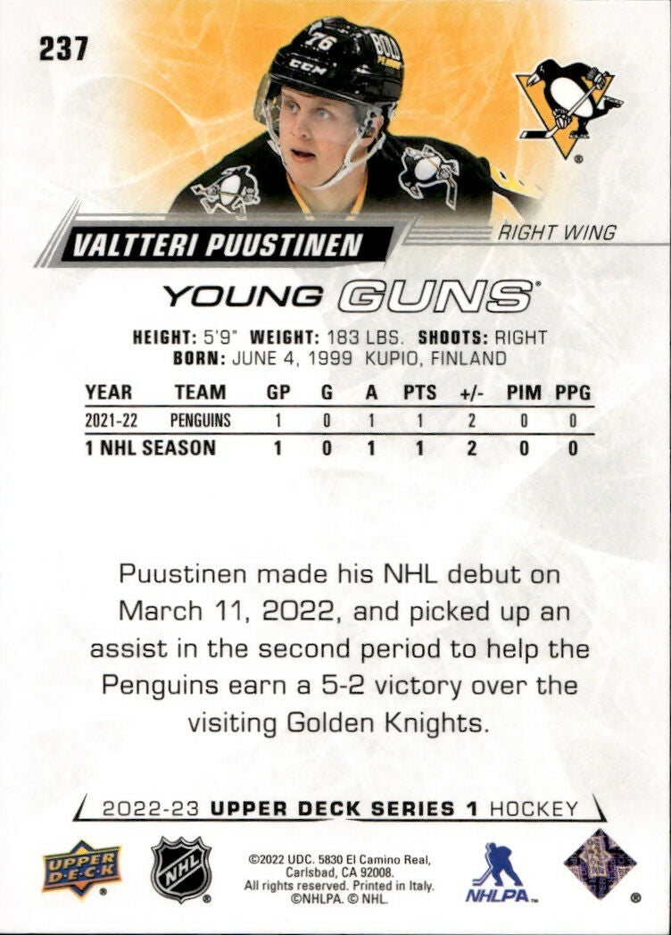 2022-23 Upper Deck Series 1 Hockey - Base - Young Guns #237 Valtteri Puustinen - Pittsburgh Penguins - B