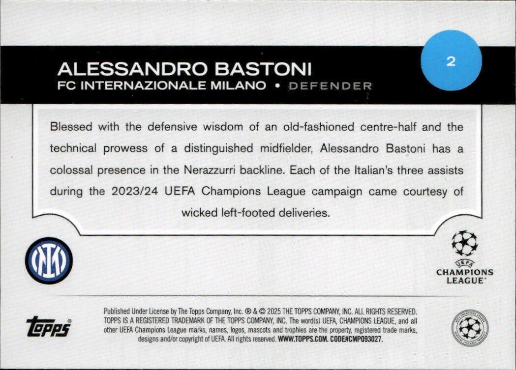 2024-25 Topps UEFA Club Competitions - Base #2 Alessandro Bastoni - FC Internazionale Milano - B
