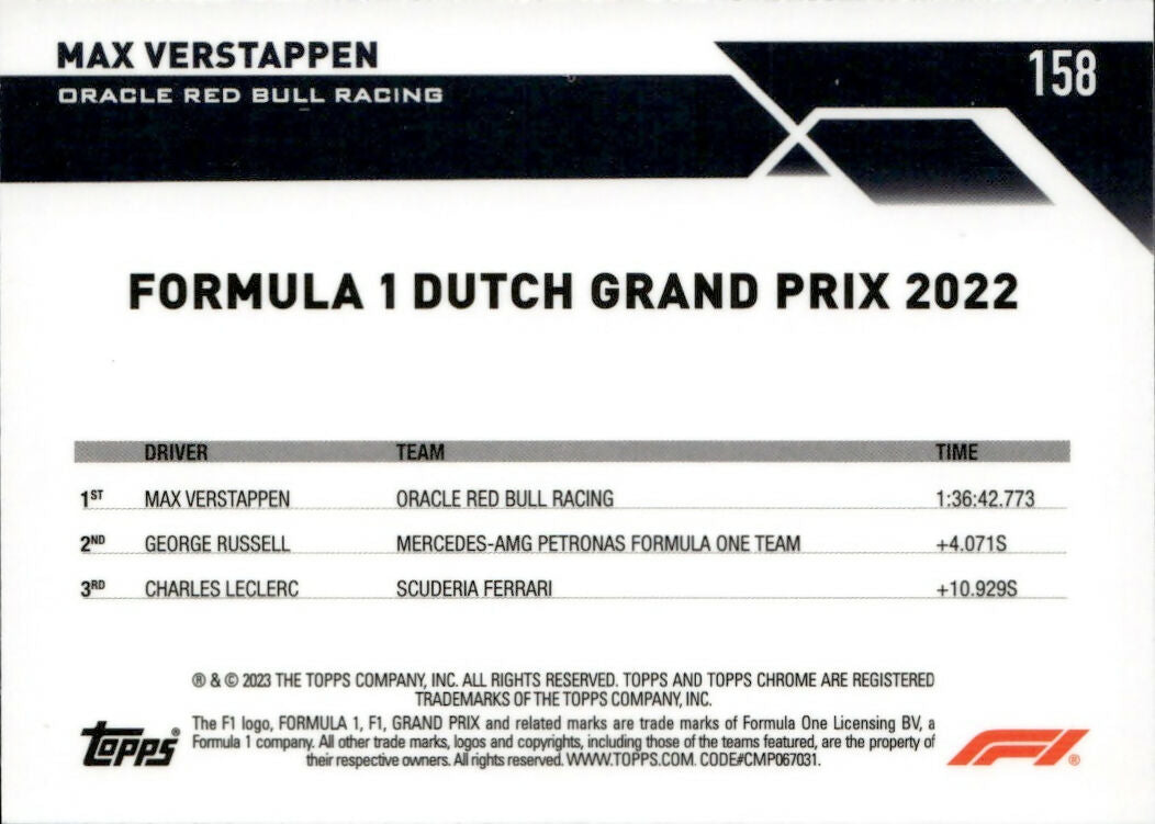 2023 Topps Chrome Formula 1 Base #158 - Grand Prix Winners Max Verstappen - Oracle Red Bull Racing - B