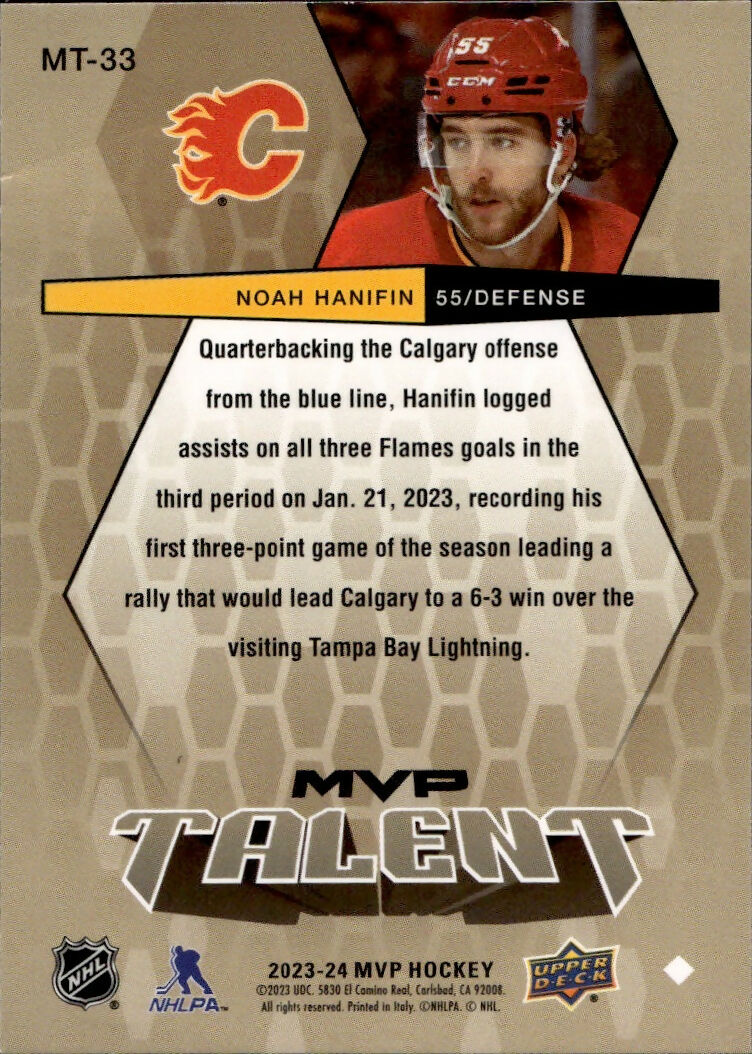 2021-22 Upper Deck MVP Hockey - MVP Talent #MT-33 Noah Hanifin - Calgary Flames - B