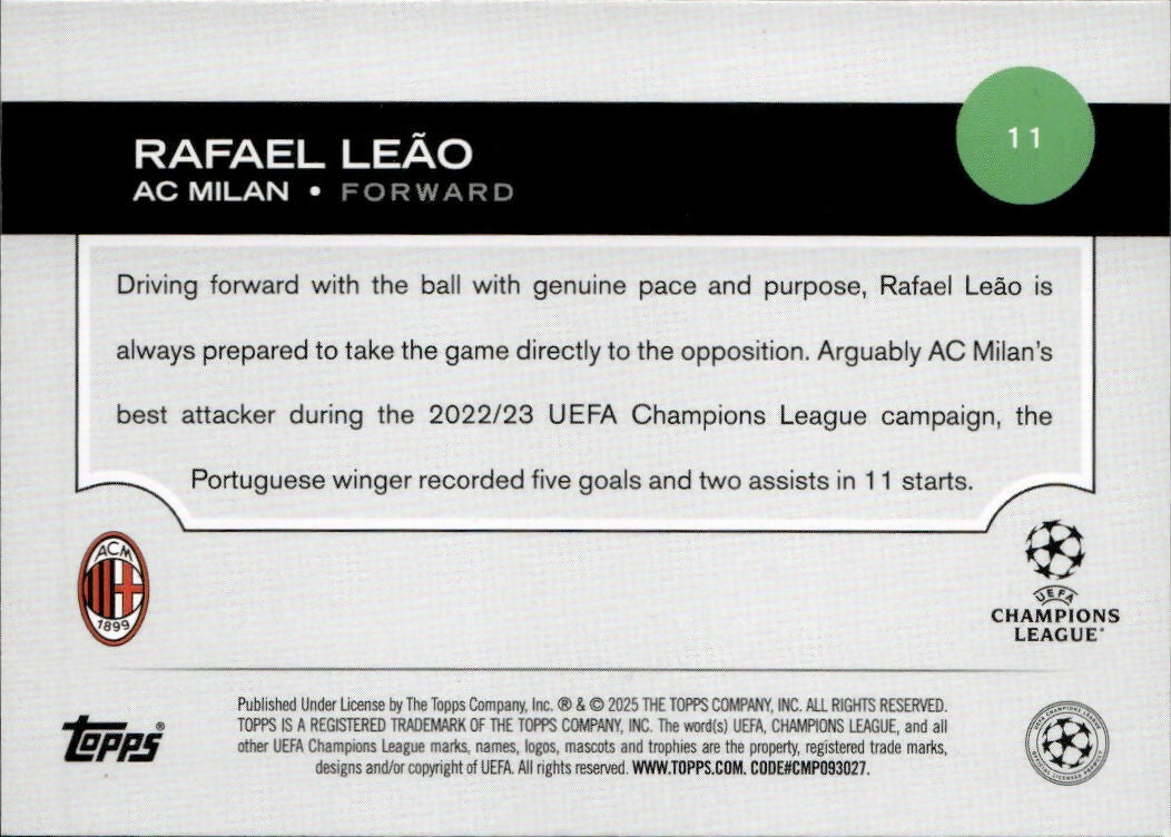 2024-25 Topps UEFA Club Competitions - Base #11 Rafael Leao - AC Milan - B
