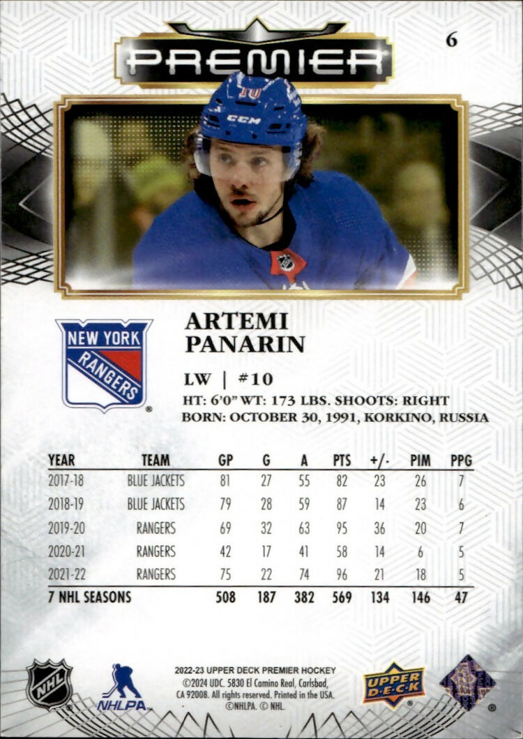 2022-23 Upper Deck Premier Hockey - Base :299 #6 Artemi Panarin - New York Rangers - B