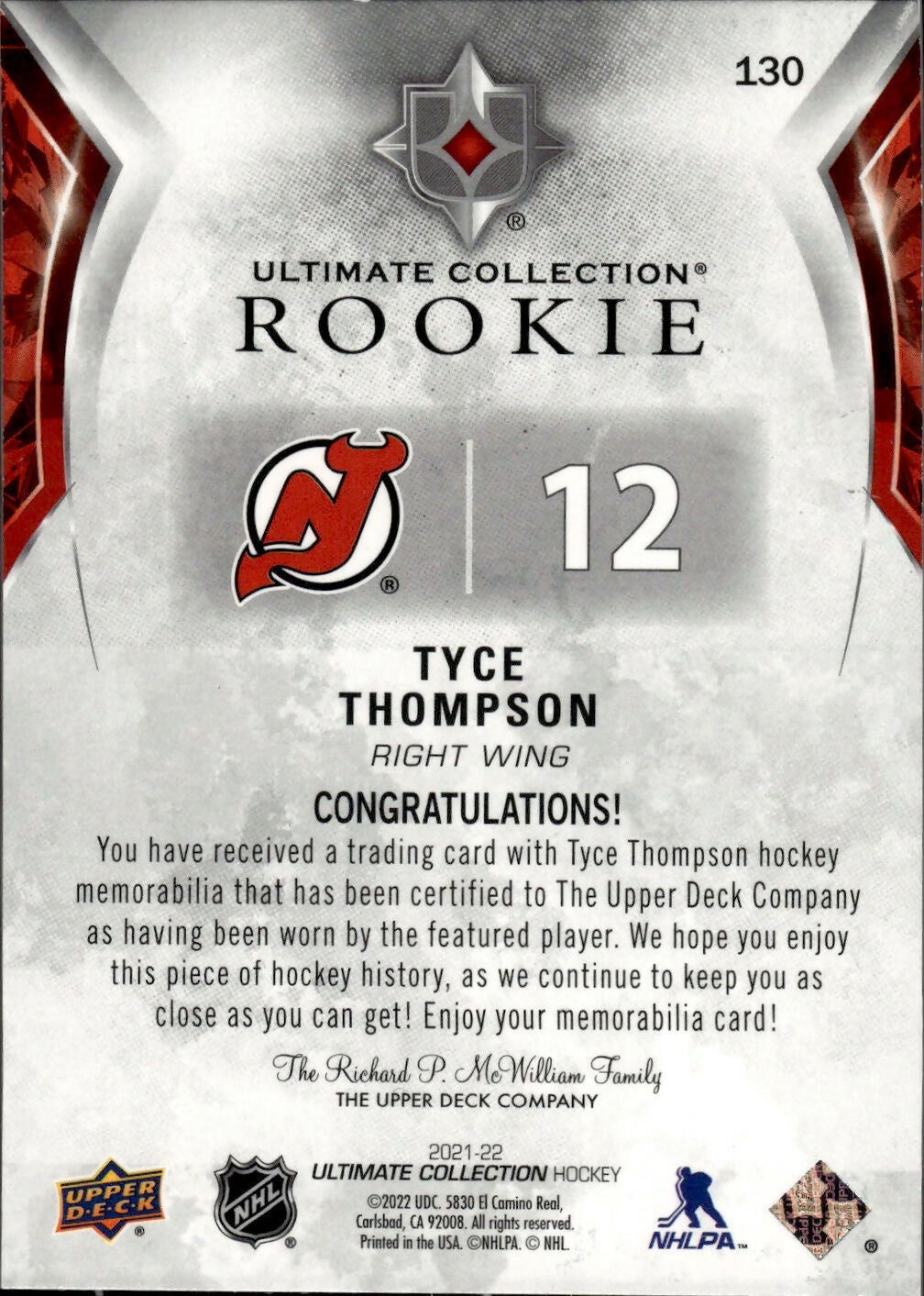 2021-22 Upper Deck Ultimate Collection Hockey - Rookie Jersey /699 #130 Tyce Thopmson - New Jersey Devils