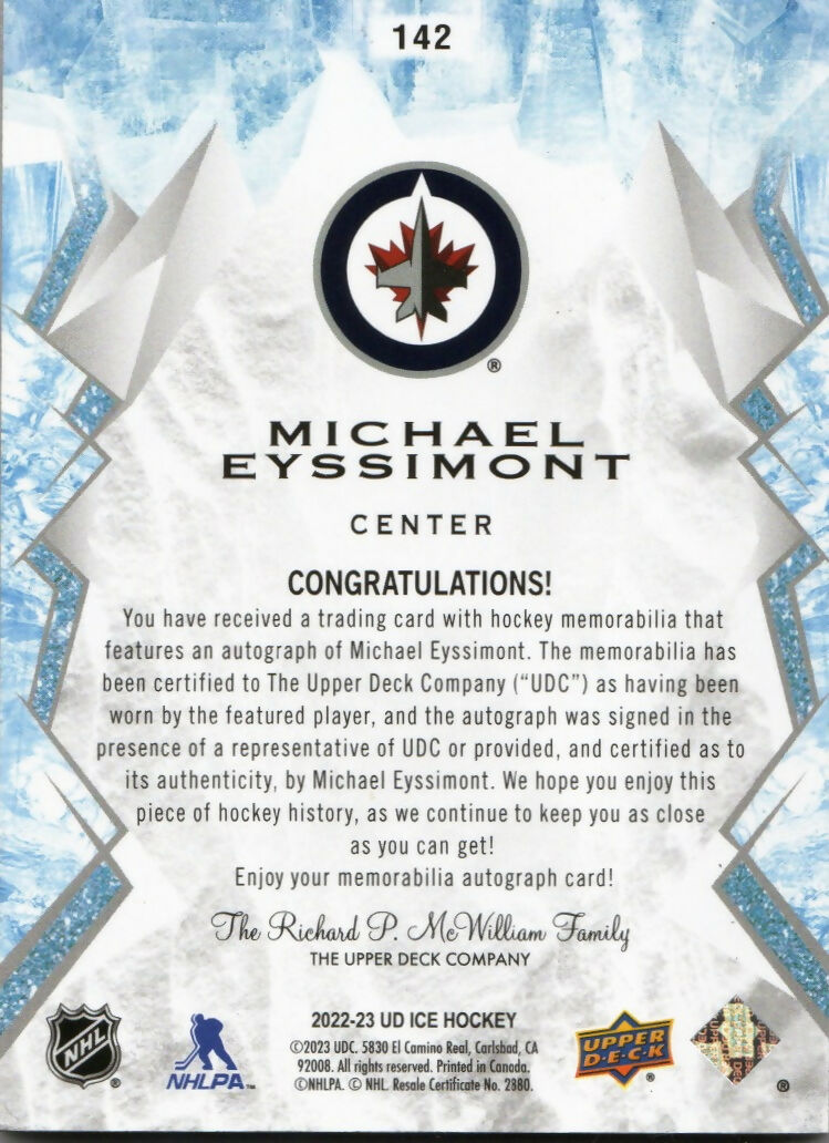 2022-23 Upper Deck Ice Hockey - Base - Rookie - Gold Patch :99 #142 Michael Eyssimont - Winnipeg Jets - B