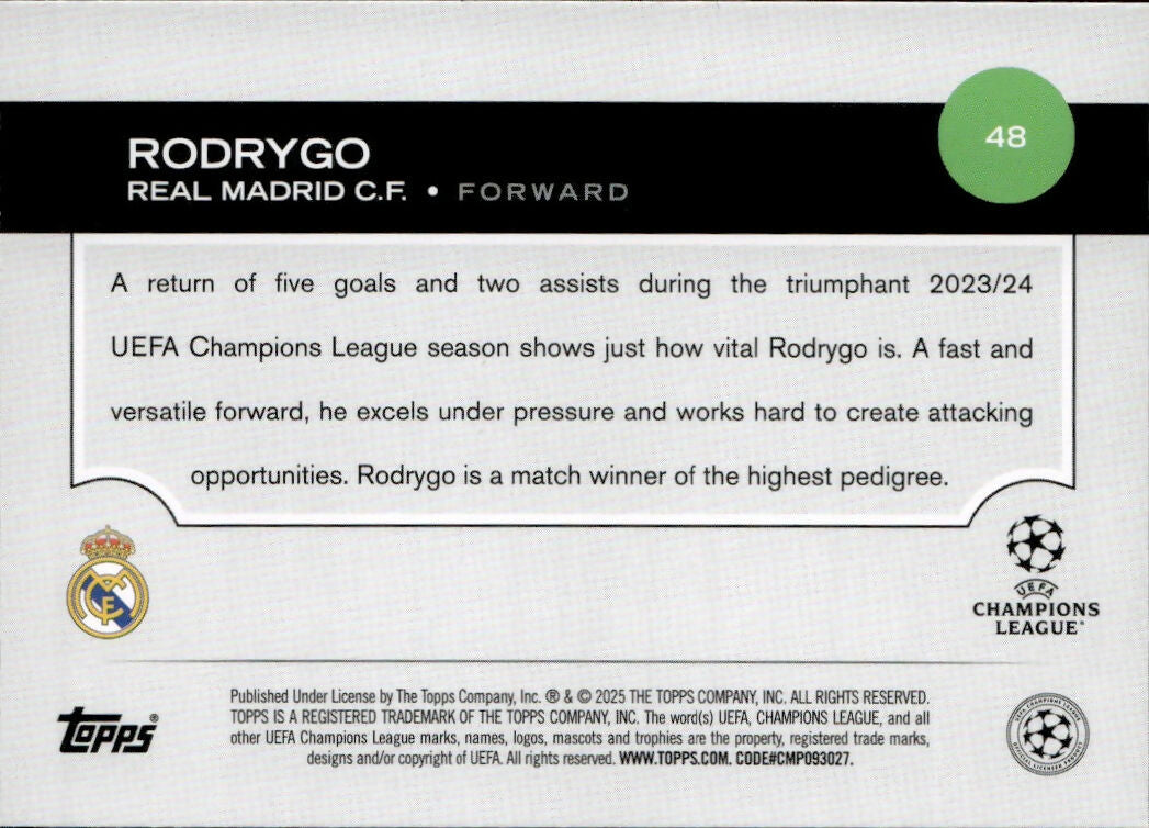 2024-25 Topps UEFA Club Competitions - Base #48 Rodrygo - Real Madris C.F. - B