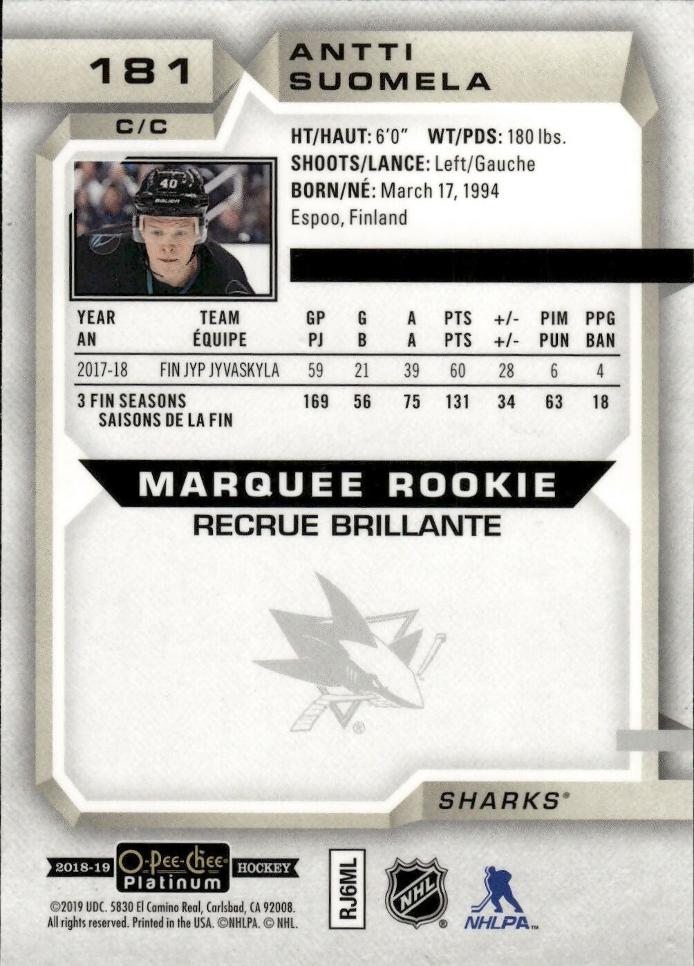 2018-19 O-Pee-Chee Platinum Hockey - Base - Marquee Rookie #181 Antti Suomela - San Jose Sharks