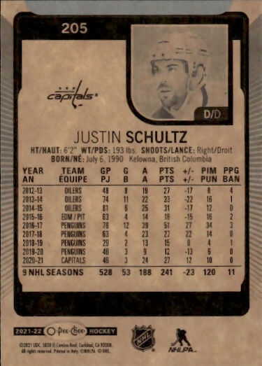 2021-22 Upper Deck O-Pee-Chee Hockey - Base #205 Justin Schultz - Washington Capitals