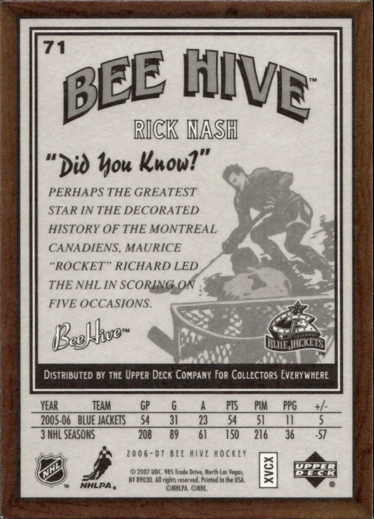 2006-07 Upper Deck - Bee Hive Hockey - Base #71 Rick Nash - Columbus Blue Jackets - B
