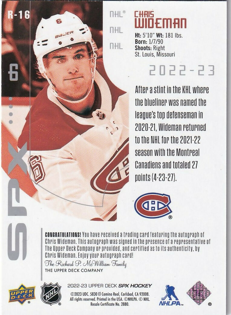 2022-23 Upper Deck SPX Hockey - 2002-03 SPx Retro - Auto #R-16 Chris Wideman - Montreal Canadiens - B