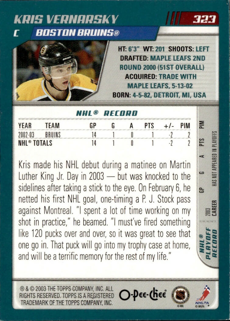 2003-04 O-Pee-Chee - Base #323 Kris Vernarsky - Boston Bruins - B