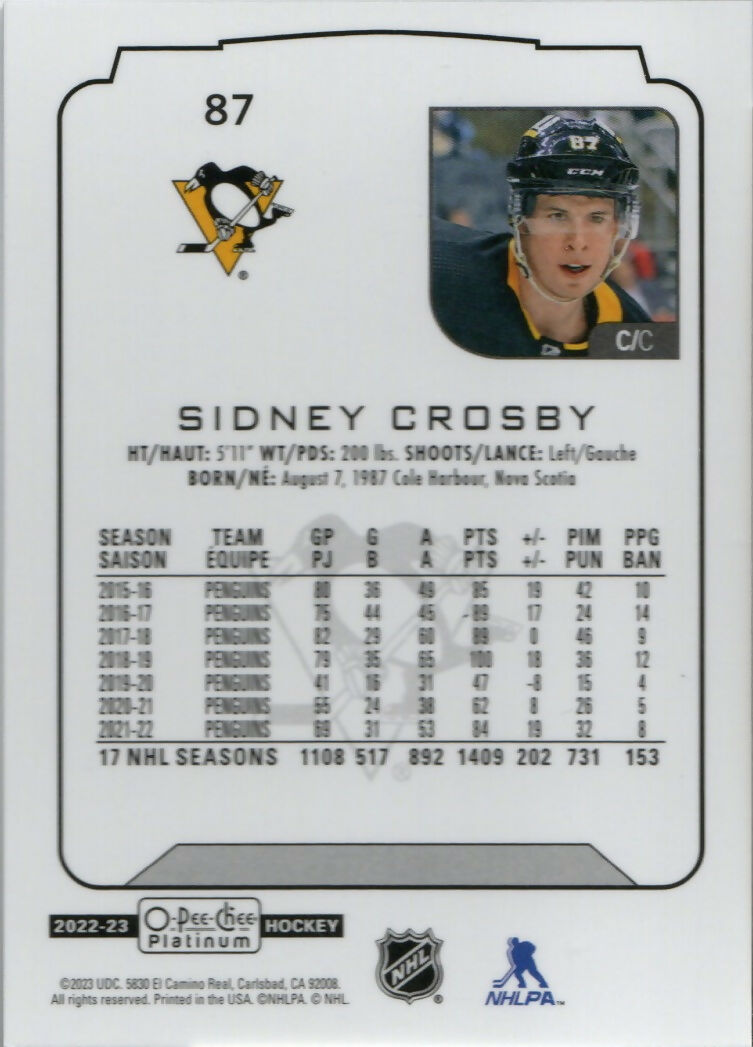 2022-23 Upper Deck O-Pee-Chee Platinum Hockey - Base #87 Sidney Crosby - Pittsburgh Penguins