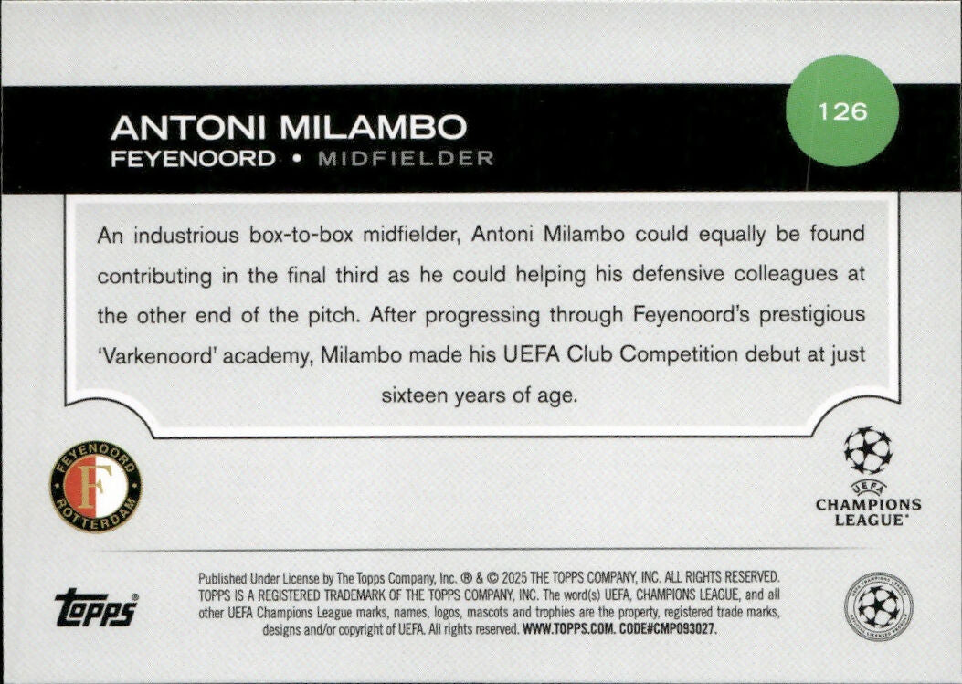 2024-25 Topps UEFA Club Competitions - Base #126 Antoni Milambo - Feyenoord - B
