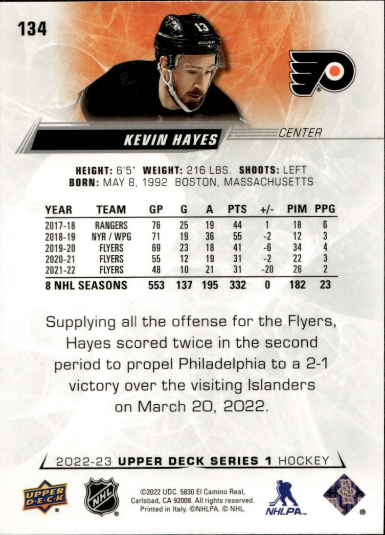 2022-23 Upper Deck Series 1 Hockey - Base #134 Kevin Hayes - Philadelphia Flyers - B