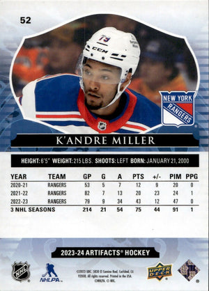 2023-24 Upper Deck Artifacts Hockey - Base #52 K'Andre Miller - New York Rangers - B