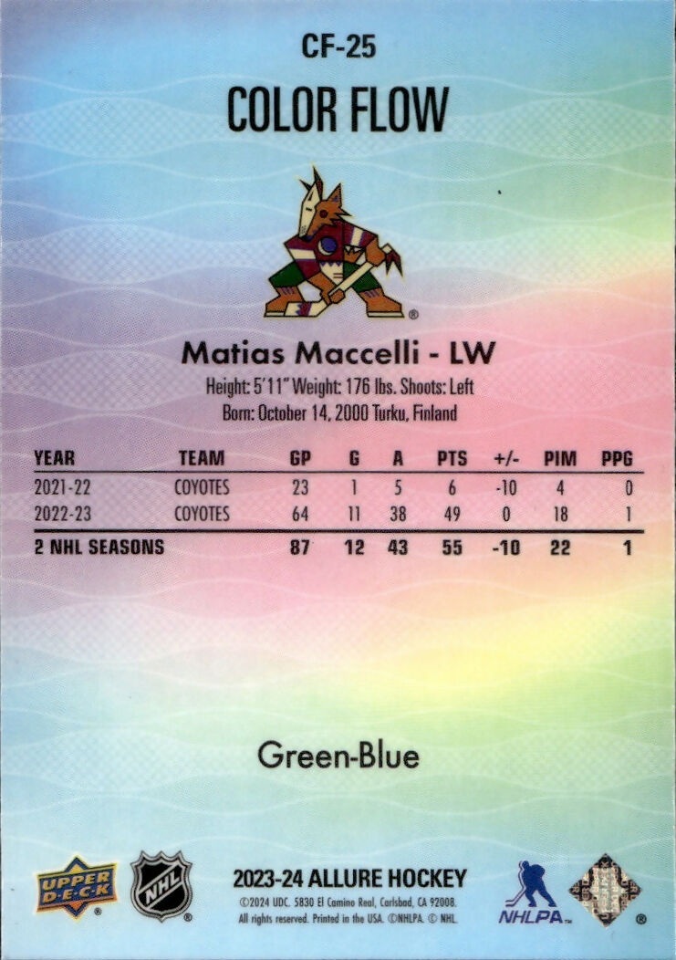 2023-24 Upper Deck Allure Hockey - Color Flow - Green-Purple Spectrum #CF-25 Matias Maccelli - Arizona Coyotes - B