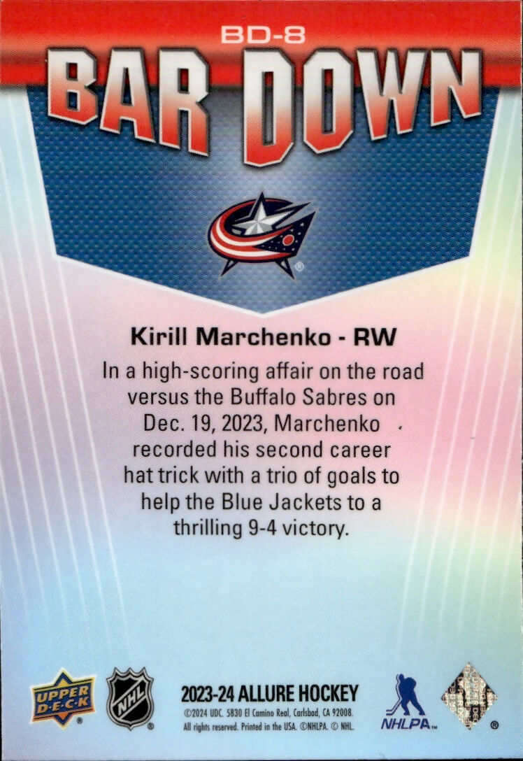 2023-24 Upper Deck Allure Hockey - Bar Down #BD-8 Kirill Marchenko - Columbus Blue Jackets - B