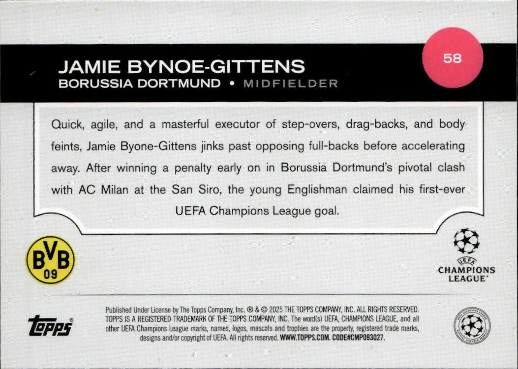 2024-25 Topps UEFA Club Competitions - Base #58 Jamie Bynoe-Gittens - Borussia Dortmund - B