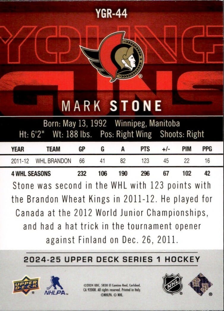 2024-25 Upper Deck Series 1 Hockey - Young Guns Renewed #YGR-44 Mark Stone - Ottawa Senators - B