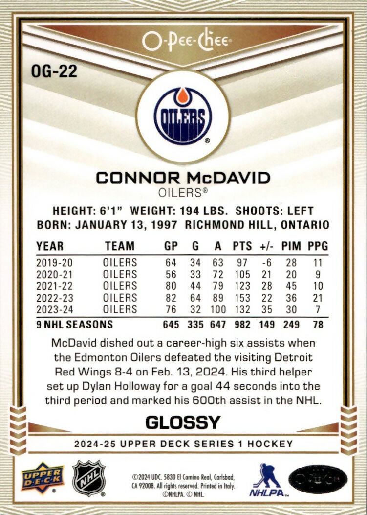 2024-25 Upper Deck Series 1 Hockey - O-Pee-Chee - Glossy #OG-22 Connor McDavid - Edmonton Oilers - B