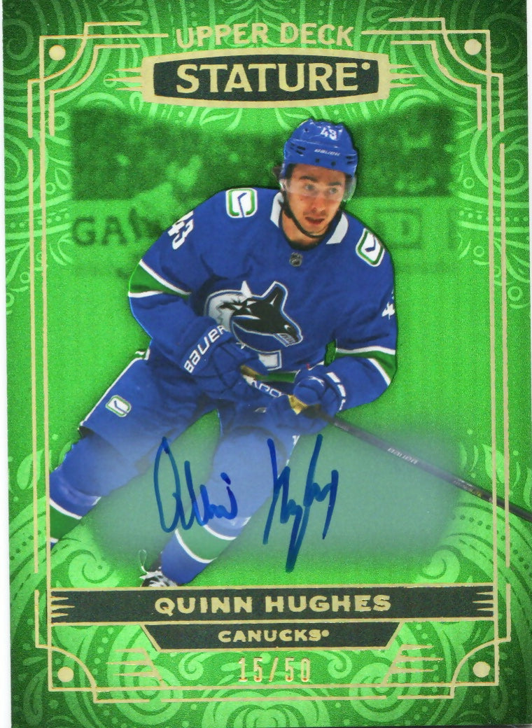 2022-23 Upper Deck Stature Hockey - Base - Green - Auto :50 #81 Quinn Hughes - Vancouver Canucks - A
