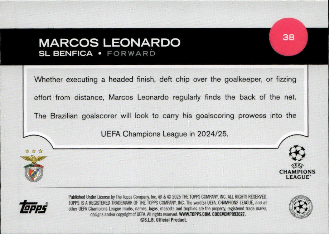 2024-25 Topps UEFA Club Competitions - Base #38 Marcos Leonardo - SL Benfica - B