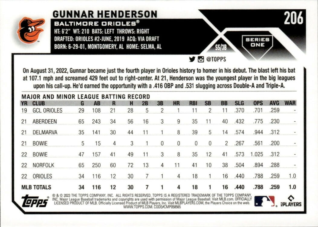 2023 Topps #206 Gunnar Henderson Baltimore Orioles Rookie