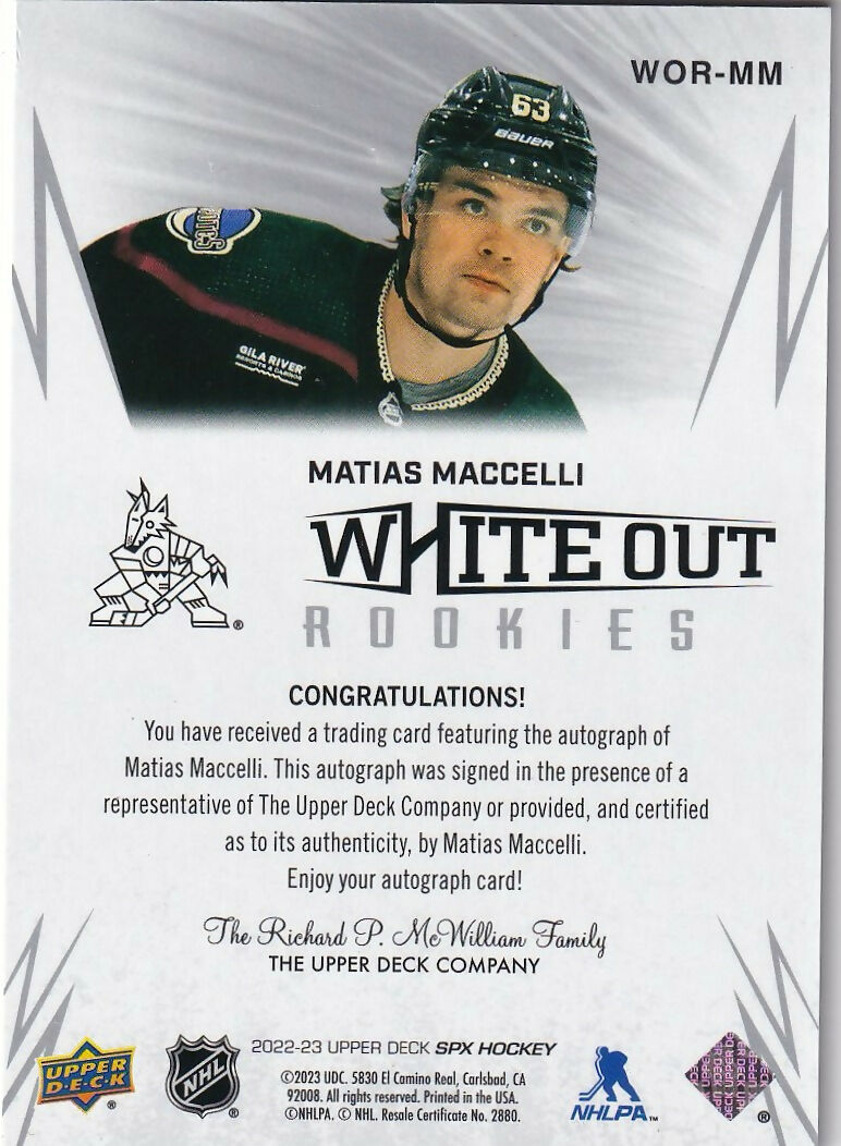 2022-23 Upper Deck SPX - White Out Rookie Autographs #WOR-MM Matias Maccelli - Arizona Coyotes - B