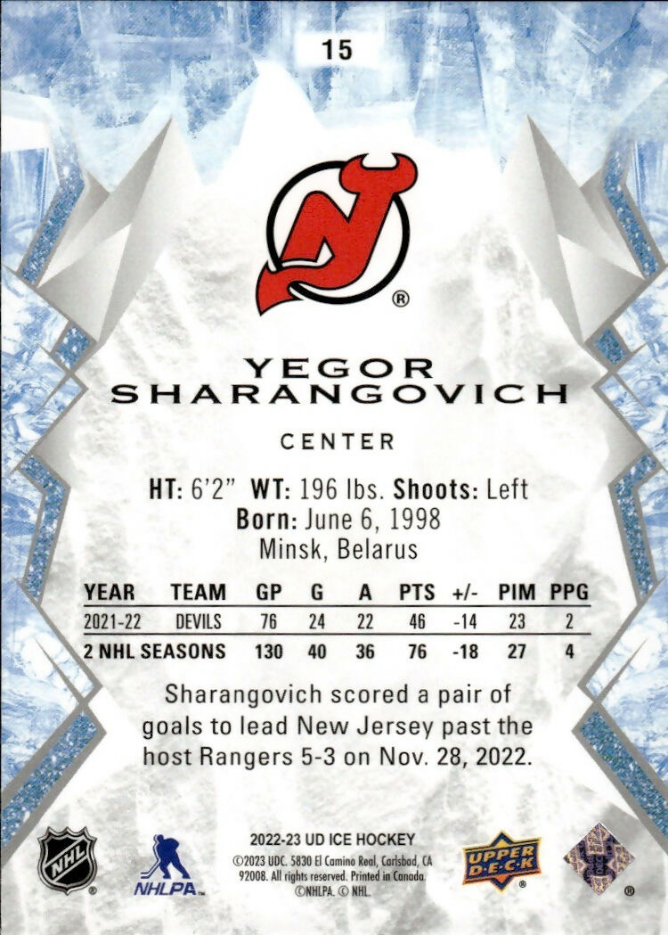 2022-23 Upper Deck Ice Hockey - Base #15 Yegor Sharangovich - New Jersey Devils