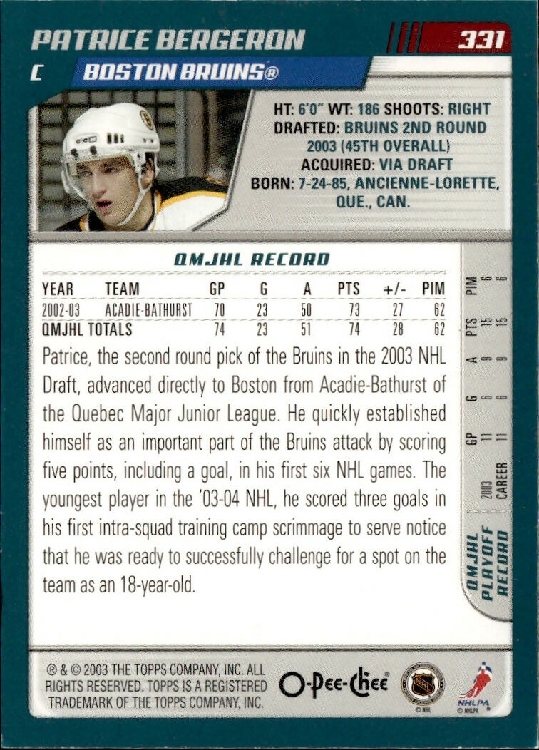 2003-04 O-Pee-Chee - Base #331 Patrice Bergeron - Boston Bruins - B