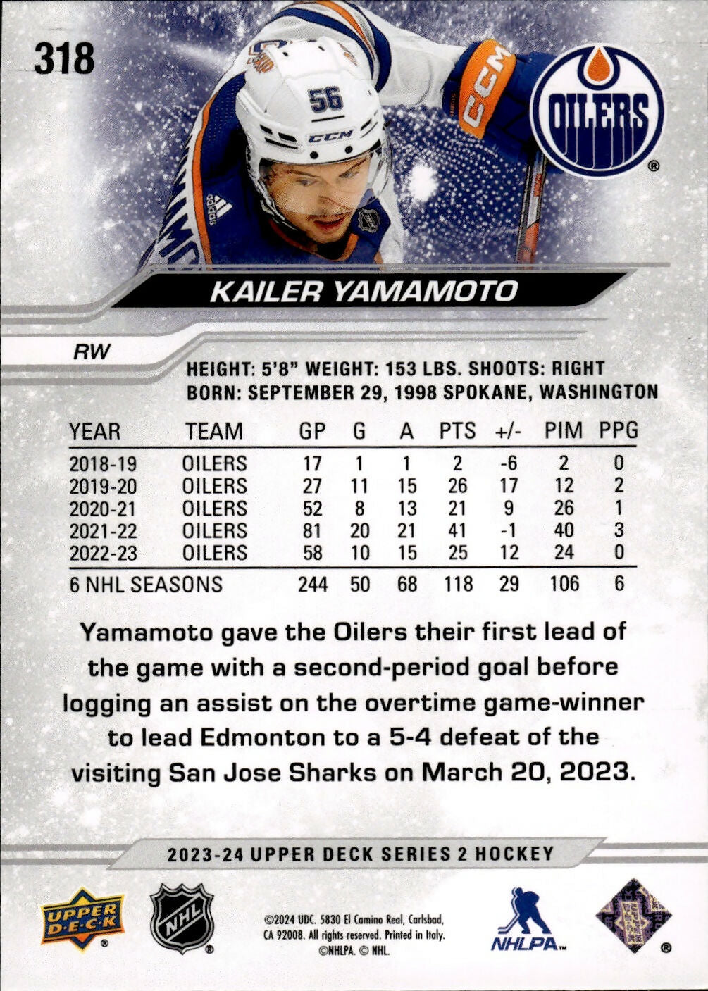 2023-24 Upper Deck Series 2 Hockey - Base #318 Kailer Yamamoto - Edmonton Oilers